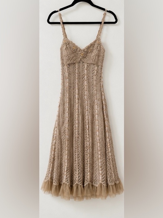 Cache Dresses & Skirts - Rare Vintage Cache Crochet Floral Appliqué Beaded Fairycore Midi Dress S